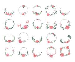 pink and green flower wreath set vector illustration