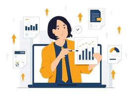 Businesswoman holding pen while showing and pointing to paper chart, do business video call conference, telecommuting, Webinar, using laptop talk to colleagues, and remote working concept illustration vector