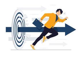 Businessman running, rushing forward and breaking target archery to Successful. Business plan, Market targeting, Target with an arrows, and achieve target goals achievement concept illustration vector