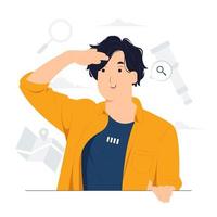 Curious man looking far away with hand over head, trying to see something, bad vision, searching, holding palm on forehead and gasping. surprised, and amazed concept illustration vector