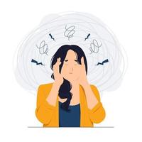 Tired business woman holding her hair under stress during work, headache, migraine, dizzy, tired, Frustrated, Deadline, Tiredness, feeling exhausted because of overwork concept illustration vector