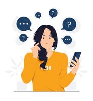 Woman holding phone with questioned, thinking, and confused with question mark looking up with thoughtful focused expression concept illustration vector