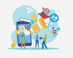 Digital marketing strategy team. Content manager. Flat cartoon character graphic design. vector