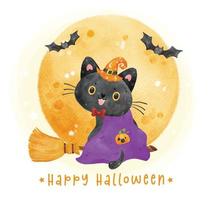 linda sonrisa halloween gato negro usar sombrero de bruja en escoba voladora con luna llena y murciélagos ilustración acuarela vector