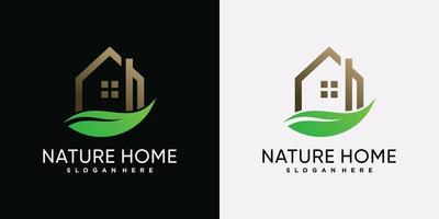 plantilla de diseño de logotipo de casa natural con hoja verde y elemento creativo vector