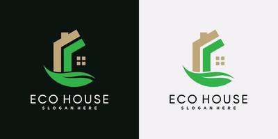 plantilla de icono de logotipo de casa ecológica con hoja verde y elemento creativo vector