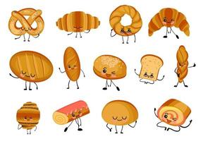 gran conjunto de ilustraciones aisladas sobre un fondo blanco. el pan es diferente. baguette, pan, bollos de sándwich, muffins y panecillos. productos de pan de trigo y centeno. lindos personajes.. vector