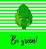Artichoke. Cute characters with hands and faces on a green background. Greeting card for vegan day and vegetarian day. vector