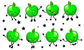 Green apple. Cute character cheerful with arms and legs. Set of fruits isolated on a white background.