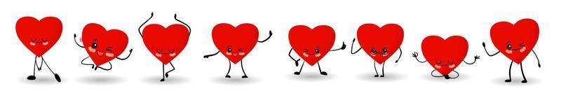 día de San Valentín. poner el corazón rojo sobre un fondo blanco. lindos personajes de dibujos animados kawaii con ojos, brazos y piernas. vector