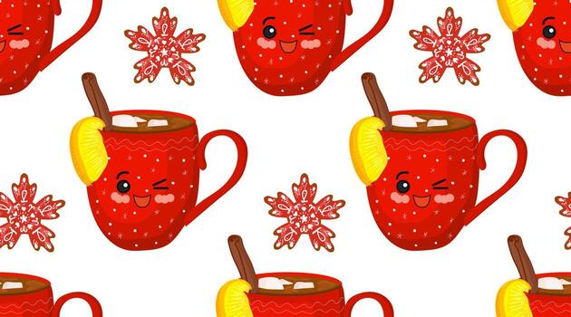 Winter cozy pattern. Hugge style. Red cups with a pattern. Snowflakes on a white background. Cinnamon and hot chocolate. vector