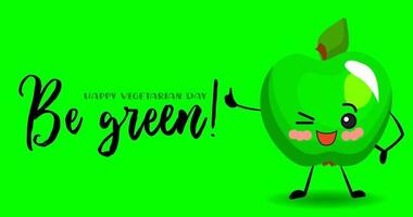 una manzana. lindos personajes con manos y caras sobre un fondo verde. tarjeta de felicitación para el día vegano y el día vegetariano.. vector