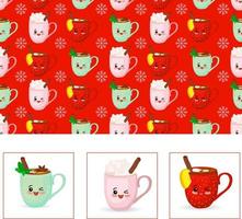 Set of cute cartoon kawaii cups. Characters with hands and a smile. Illustration isolated on white background. Christmas pattern red. vector