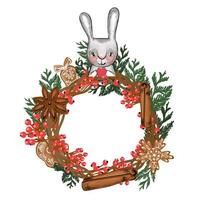 Christmas wreath. Vector illustration isolated on white background. New Year's hare. Coniferous branches and decorations.