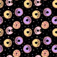 seamless pattern with glazed donuts. Bright juicy pattern on a black background vector