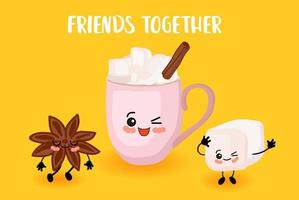 Cinnamon, marshmallows and a cute pink cup with hot chocolate. Cartoon characters vector