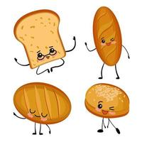 productos de panadería, pan de varios tipos. pan largo, baguette, pretzel, kalach y bollos. personajes de dibujos animados con ojos sobre un fondo blanco. vector