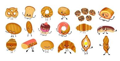 Large set of isolated illustrations on a white background. The bread is different. Baguette, loaf, sandwich buns, muffins and rolls. Wheat and rye bread products. Cute characters. vector