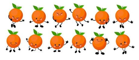 naranja. el carácter es alegre con brazos y piernas. conjunto de frutas sobre un fondo blanco ..