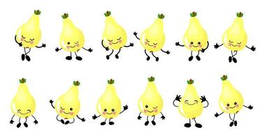 la pera es amarilla. el carácter es alegre con brazos y piernas. conjunto de frutas sobre un fondo blanco ..b vector