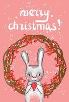 Christmas card. Vector illustration. New Year's rabbit. Coniferous branches and decorations.