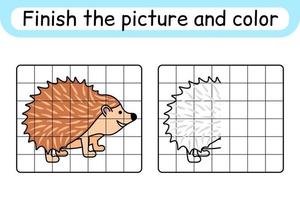 Complete the picture hedgehog. Copy the picture and color. Finish the image. Coloring book. Educational drawing exercise game for children vector