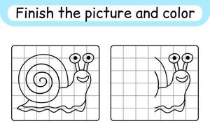 Complete the picture snail. Copy the picture and color. Finish the image. Coloring book. Educational drawing exercise game for children vector