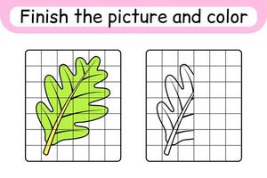 Complete the picture leaf oak. Copy the picture and color. Finish the image. Coloring book. Educational drawing exercise game for children vector