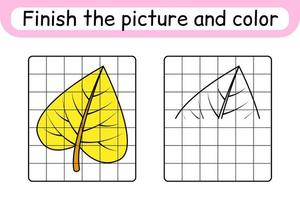 completar el cuadro hoja de abedul. copiar la imagen y el color. terminar la imagen. libro de colorear. juego educativo de ejercicios de dibujo para niños vector