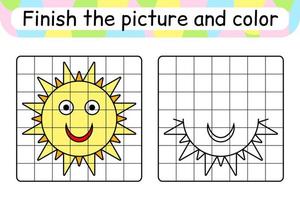 Complete the picture sun. Copy the picture and color. Finish the image. Coloring book. Educational drawing exercise game for children vector