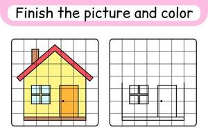 Complete the picture home. Copy the picture and color. Finish the image. Coloring book. Educational drawing exercise game for children vector