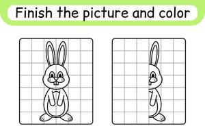 Complete the picture rabbit. Copy the picture and color. Finish the image. Coloring book. Educational drawing exercise game for children vector