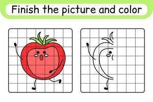 Complete the picture tomato. Copy the picture and color. Finish the image. Coloring book. Educational drawing exercise game for children vector