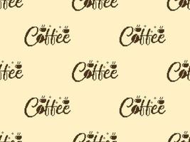 Coffee cartoon character seamless pattern on yellow background. Pixel style vector