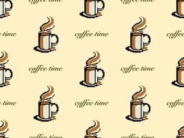 Coffee cartoon character seamless pattern on yellow background. Pixel style vector