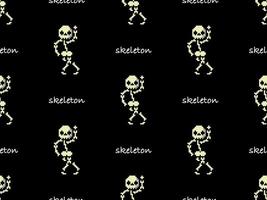 Skeleton cartoon character seamless pattern on black background.  Pixel style vector