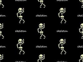 Skeleton cartoon character seamless pattern on black background.  Pixel style vector