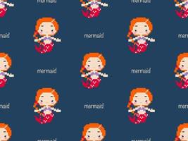Mermaid cartoon character seamless pattern on blue background.  Pixel style vector
