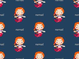 Mermaid cartoon character seamless pattern on blue background.  Pixel style vector