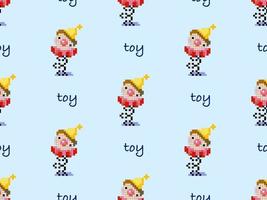 Toy cartoon character seamless pattern on blue background. Pixel style vector