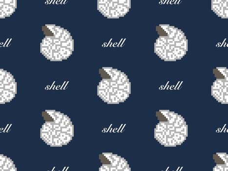 Shell cartoon character seamless pattern on blue background. Pixel style vector