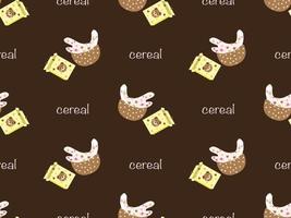 Cereal cartoon character seamless pattern on brown background. Pixel style vector