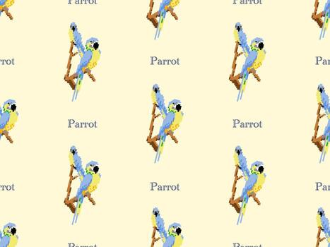 Parrot cartoon character seamless pattern on yellow background. Pixel style vector