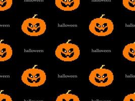Pumpkin cartoon character seamless pattern on black background. Pixel style vector