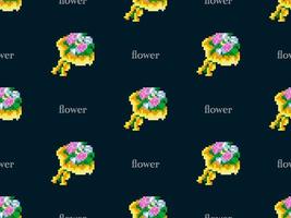 Flower cartoon character seamless pattern on blue background. Pixel style vector