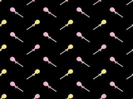 Lollipop cartoon character seamless pattern on black background. Pixel style vector