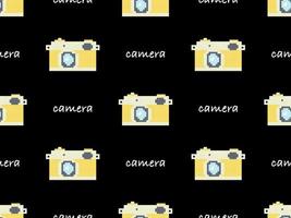 Camera cartoon character seamless pattern on black background.  Pixel style vector