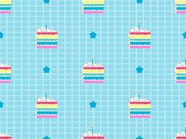 Cake cartoon character seamless pattern on blue background.  Pixel style vector