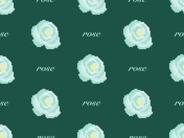 Rose cartoon character seamless pattern on green background.  Pixel style vector