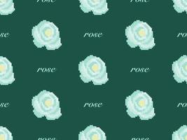 Rose cartoon character seamless pattern on green background.  Pixel style vector